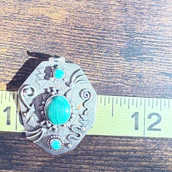 Sterling Silver 925 Malachite & Turquoise Native American Pendant 1.75" Length - Picture 8 of 9